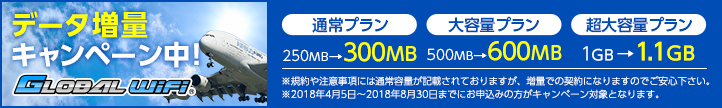 通常プラン、大容量プラン、超大容量プラン「データ増量キャンペーン中」グローバルWiFi