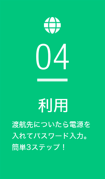 利用　渡航先についたらパスワードを入力してご利用！